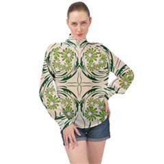 Folk Flowers Print Floral Pattern Ethnic Art High Neck Long Sleeve Chiffon Top by Eskimos