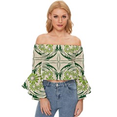 Folk Flowers Print Floral Pattern Ethnic Art Off Shoulder Flutter Bell Sleeve Top by Eskimos