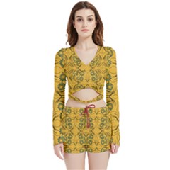 Folk Flowers Print Floral Pattern Ethnic Art Velvet Wrap Crop Top And Shorts Set by Eskimos