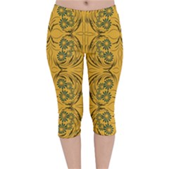 Folk Flowers Print Floral Pattern Ethnic Art Velvet Capri Leggings  by Eskimos