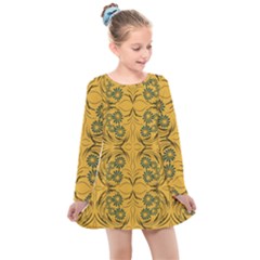 Folk Flowers Print Floral Pattern Ethnic Art Kids  Long Sleeve Dress by Eskimos