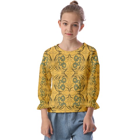 Folk Flowers Print Floral Pattern Ethnic Art Kids  Cuff Sleeve Top by Eskimos