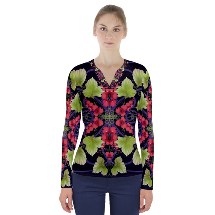 Pattern-berry-red-currant-plant V-Neck Long Sleeve Top