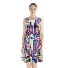 City-street-car-road-architecture Sleeveless Waist Tie Chiffon Dress