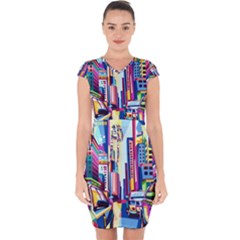 City-street-car-road-architecture Capsleeve Drawstring Dress 