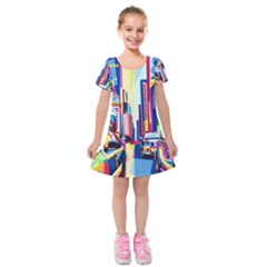 City-street-car-road-architecture Kids  Short Sleeve Velvet Dress