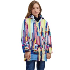 City-street-car-road-architecture Kid s Hooded Longline Puffer Jacket