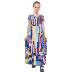 City-street-car-road-architecture Kids  Short Sleeve Maxi Dress