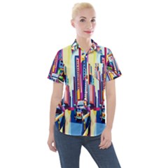 City-street-car-road-architecture Women s Short Sleeve Pocket Shirt