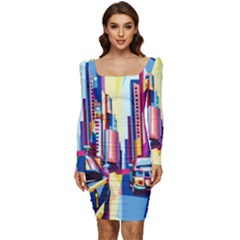 City-street-car-road-architecture Women Long Sleeve Ruched Stretch Jersey Dress