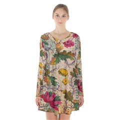 Flowers-b 003 Long Sleeve Velvet V-neck Dress