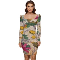 Flowers-b 003 Women Long Sleeve Ruched Stretch Jersey Dress