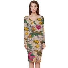 Flowers-b 003 Long Sleeve V-neck Bodycon Dress 