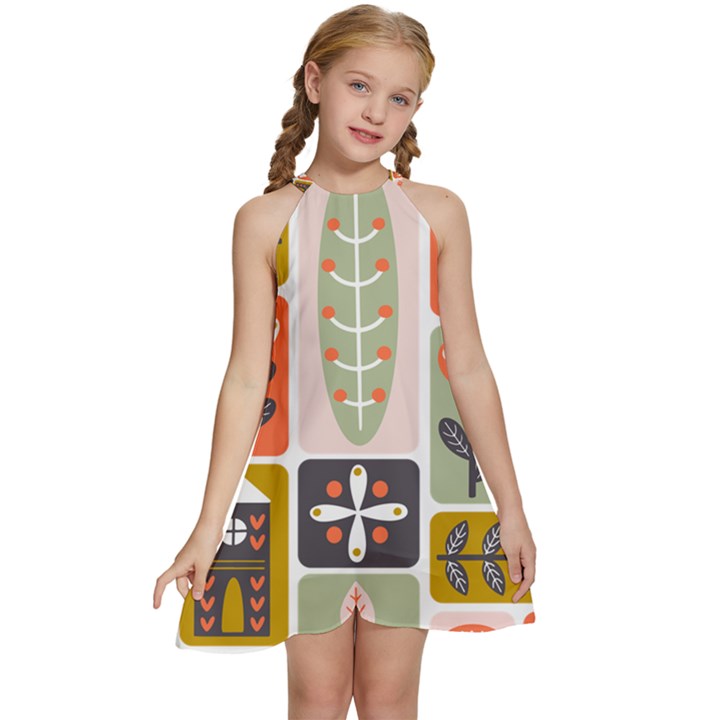 Scandinavian Pattern Artwork Kids  Halter Collar Waist Tie Chiffon Dress