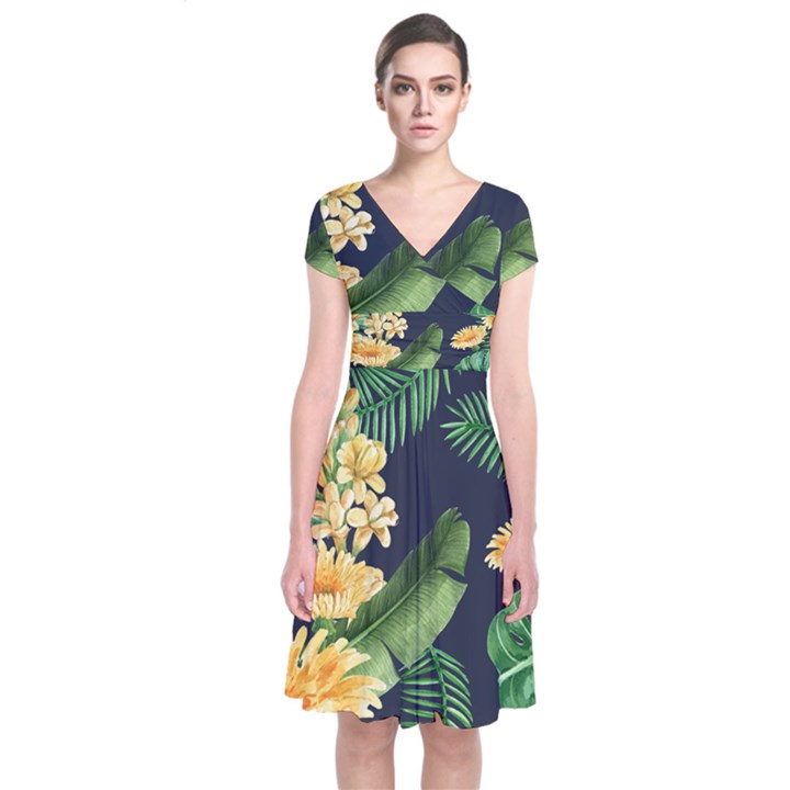 Sea Of Yellow Flowers Short Sleeve Front Wrap Dress