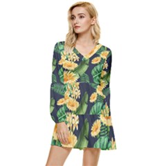 Sea Of Yellow Flowers Tiered Long Sleeve Mini Dress by HWDesign