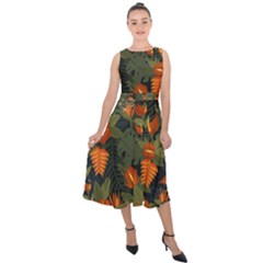 Orange Leaves Midi Tie-back Chiffon Dress by HWDesign