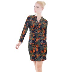 Orange Leaves Button Long Sleeve Dress by HWDesign