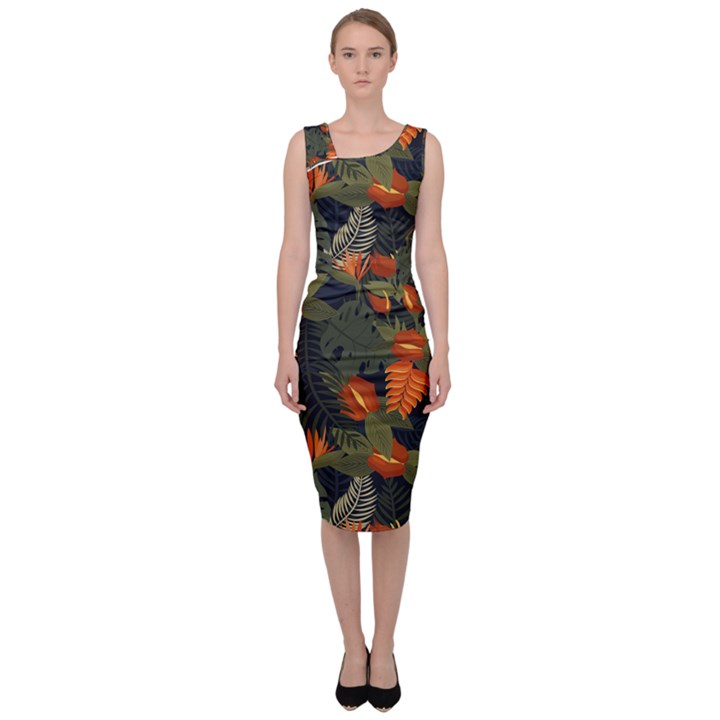 Orange Leaves Sleeveless Pencil Dress