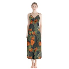 Orange Leaves Button Up Chiffon Maxi Dress by HWDesign