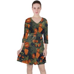 Orange Leaves Quarter Sleeve Ruffle Waist Dress by HWDesign