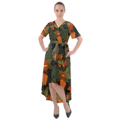 Orange Leaves Front Wrap High Low Dress by HWDesign