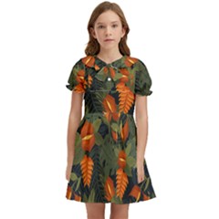 Orange Leaves Kids  Bow Tie Puff Sleeve Dress by HWDesign