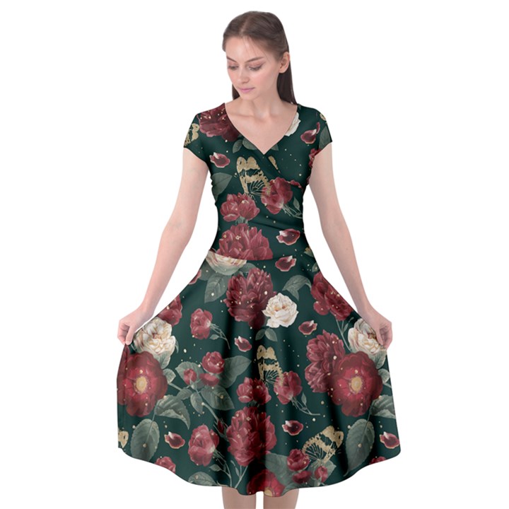 Magic Of Roses Cap Sleeve Wrap Front Dress