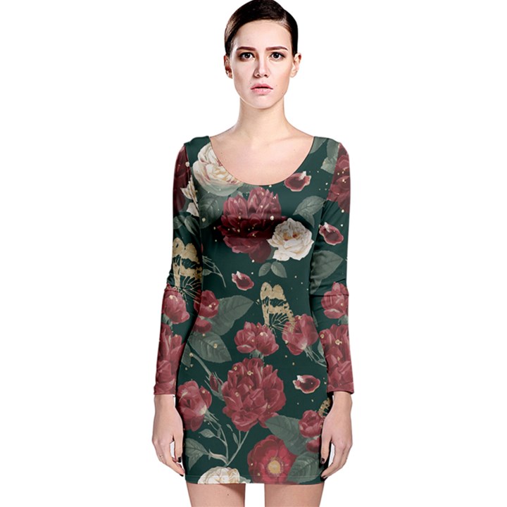 Magic Of Roses Long Sleeve Velvet Bodycon Dress