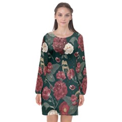 Magic Of Roses Long Sleeve Chiffon Shift Dress  by HWDesign