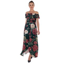 Magic Of Roses Off Shoulder Open Front Chiffon Dress by HWDesign