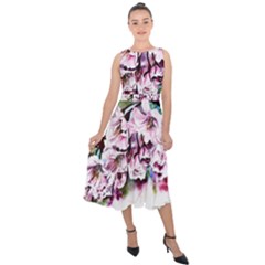 Watercolour-cherry-blossoms Midi Tie-back Chiffon Dress