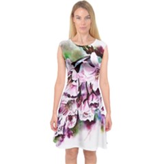 Watercolour-cherry-blossoms Capsleeve Midi Dress