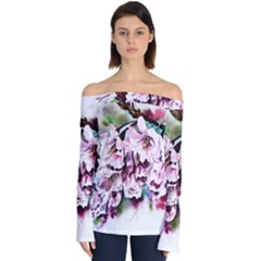 Watercolour-cherry-blossoms Off Shoulder Long Sleeve Top