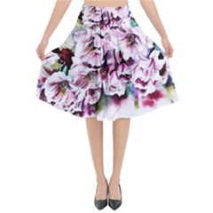 Watercolour-cherry-blossoms Flared Midi Skirt