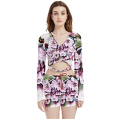 Watercolour-cherry-blossoms Velvet Wrap Crop Top And Shorts Set