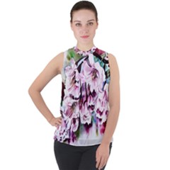 Watercolour-cherry-blossoms Mock Neck Chiffon Sleeveless Top