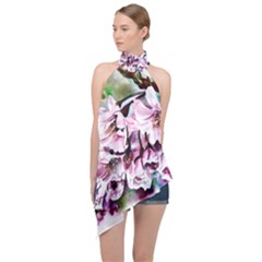 Watercolour-cherry-blossoms Halter Asymmetric Satin Top