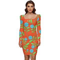 Background-texture-seamless-flowers Women Long Sleeve Ruched Stretch Jersey Dress