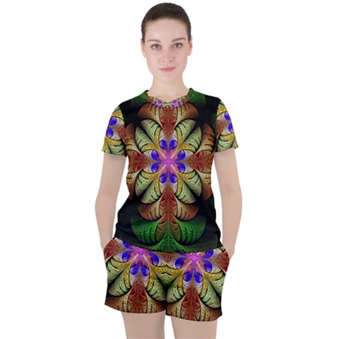 Fractal-abstract-flower-floral- -- Women s Tee And Shorts Set by Wegoenart