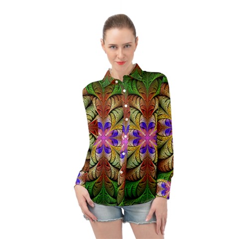 Fractal-abstract-flower-floral- -- Long Sleeve Chiffon Shirt by Wegoenart