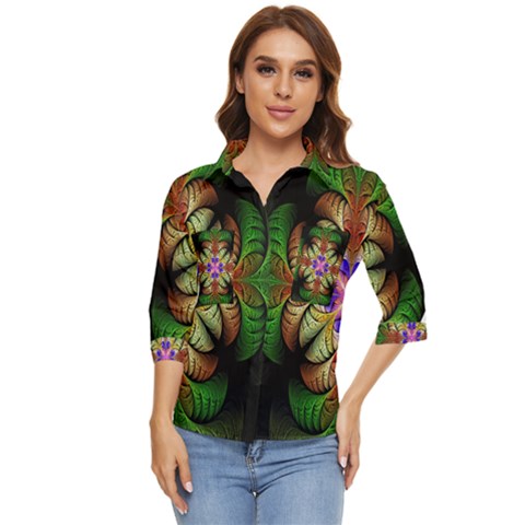 Fractal-abstract-flower-floral- -- Women s Quarter Sleeve Pocket Shirt by Wegoenart