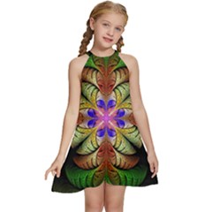 Fractal-abstract-flower-floral- -- Kids  Halter Collar Waist Tie Chiffon Dress by Wegoenart