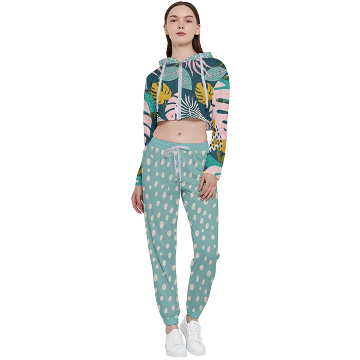 tropical polka plants 8 Cropped Zip Up Lounge Set