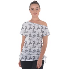 Robot Dog Drawing Motif Pattern Off Shoulder Tie-up Tee