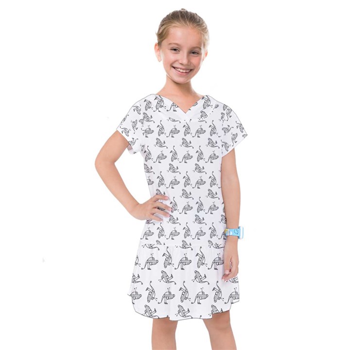 Robot Dog Drawing Motif Pattern Kids  Drop Waist Dress