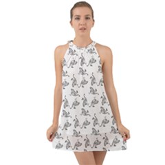 Robot Dog Drawing Motif Pattern Halter Tie Back Chiffon Dress