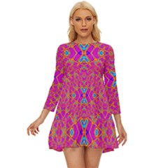 Pink Vacation Long Sleeve Babydoll Dress