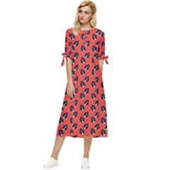 Glowing Leafs Bow Sleeve Chiffon Midi Dress by Sparkle