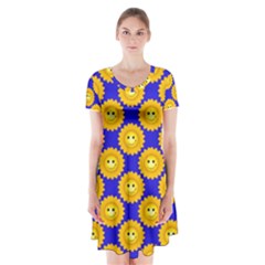 Pattern Sun-flower Short Sleeve V-neck Flare Dress by nate14shop